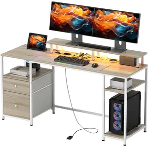 HOMCOM Bureau d'ordinateur bureau lumières LED réglables 2 prises port... pas cher