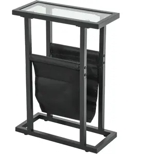 HOMCOM Table d'appoint étroite, bout de canapé en métal avec porte-rev... pas cher
