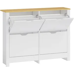 HOMCOM Meuble à chaussures 16 paires, armoire à chaussures étroite avec 4 tiroirs rabattables et étagères réglables, style moderne, pour couloir, entrée, 105 x 26 x 80 cm, blanc et chêne pas cher