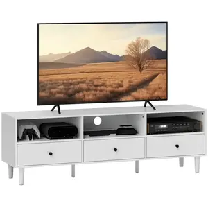 HOMCOM Meuble tv banc tv sur pieds effilés - 3 tiroirs, 3 niches, passe-câble - dim. 140 x 34 x 45 cm - métal effet bois blanc pas cher