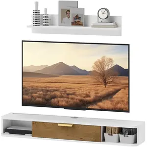 HOMCOM Ensemble meuble TV suspendu avec étagère murale meuble télé boi... pas cher