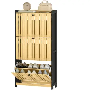 HOMCOM Meuble à chaussures 18 paires avec 3 tiroirs rabattables, portes en bambou à lattes, 60x24x118cm, noir et bois naturel pas cher