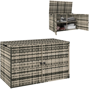 Comparateur de prix : OUTSUNNY Coffre de jardin 3 portes étagère 350l dim. 118 x 57 x 69 cm résine tressée camaïeu de gris