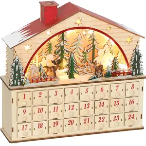 HOMCOM Calendrier de l'Avent lumineux 24 tiroirs en bois naturel pas cher