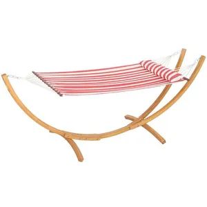 Comparateur de prix : OUTSUNNY Hamac sur pied en bois - 1 place - bois teinte teck toile 100% coton rouge blanc rayée