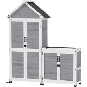 Comparateur de prix : Outsunny Ensemble armoire de jardin avec coffre extérieur assorti - 2 + 2 portes - 3 + 1 étagères - toit bitumé noir bois gris blanc