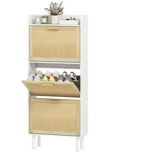 HOMCOM Meuble à chaussures 3 portes abattants étagère effet résine tressée design bohème 65 x 24,5 x 153 cm blanc pas cher