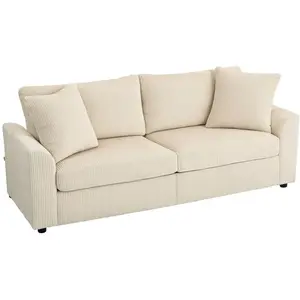 HOMCOM Canapé 3 places 2 coussins velours côtelé crème