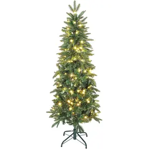 HOMCOM Sapin de Noël artificiel 150 cm, arbre de Noël slim avec 150 lu... pas cher