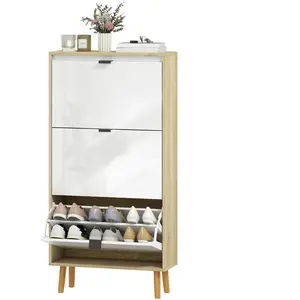 HOMCOM Meuble à chaussures, armoire à chaussures étroite, 3 tiroirs rabattables, porte haute brillante, 60x24x127cm, blanc pas cher