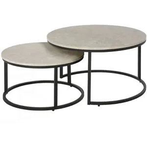 HOMCOM Lot de 2 tables basses rondes gigogne empilables plateau mdf gris et pieds en métal noir pas cher