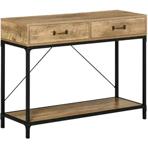 HOMCOM Console style industriel 2 tiroirs étagère métal noir aspect bois pas cher