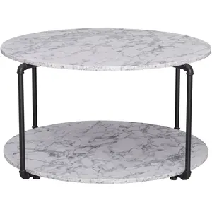 HOMCOM Table basse ronde avec étagère imitation marbre blanc métal noir pas cher