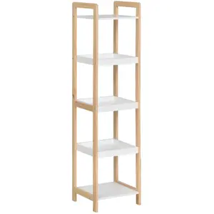 Comparateur de prix : Etagère de salle de bain en bambou HOMCOM - 3 paniers + 2 étagères - 32L x 30l x 130H cm - blanc