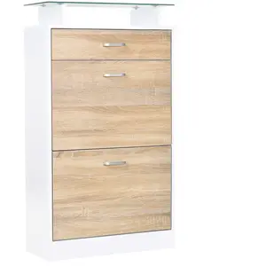 HOMCOM Armoire à chaussures 2 portes tiroir étagère verre aspect chêne blanc
