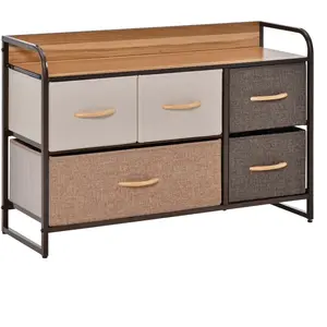 HOMCOM Commode 5 tiroirs tissu marron beige châssis métal plateau aspect bois