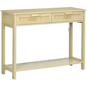 HOMCOM Console 2 tiroirs façades cannage en rotin étagère aspect bois clair pas cher