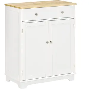 Comparateur de prix : HOMCOM Buffet 2 portes étagère 2 tiroirs plateau bois d'hévéa MDF blanc