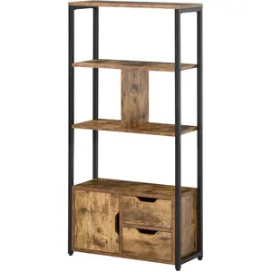 Comparateur de prix : HOMCOM Bibliothèque industrielle 3 étagères porte 2 tiroirs acier noir bois