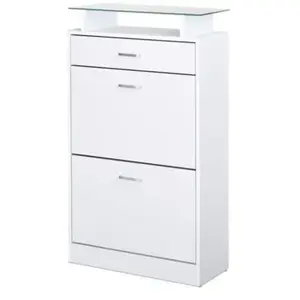 HOMCOM Armoire à chaussures organisateur 2 portes abattantes 2 compartiments, tiroir, étagère verre panneaux particules blanc