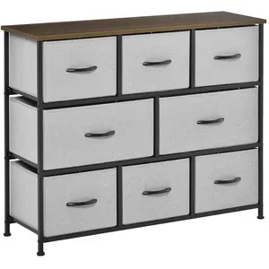 HOMCOM Commode 8 tiroirs tissu gris châssis métal noir plateau aspect noyer