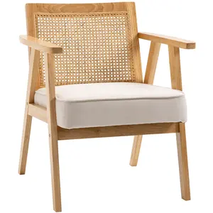HOMCOM Fauteuil lounge dossier cannage structure bois hévéa aspect lin beige pas cher