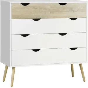 Commode 5 tiroirs Design scandinave HOMCOM - Blanc Aspect chêne Clair