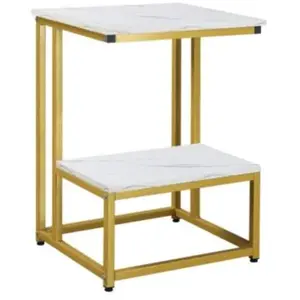 HOMCOM Guéridon bout de canapé acier doré plateau étagère aspect marbre blanc pas cher