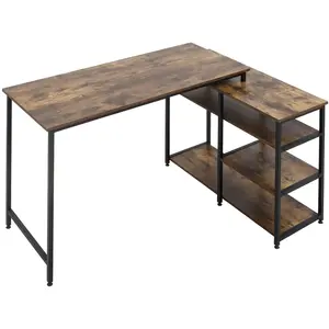 HOMCOM Bureau d'angle design industriel 3 étagères aspect bois métal noir pas cher