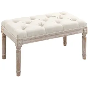 Comparateur de prix : HOMCOM Tabouret repose-pied capitonné style classique - bois d'hévéa sculpté, patiné - revêtement aspect lin beige 80x40x41cm Beige