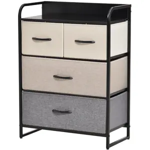 HOMCOM Commode 4 tiroir tissu gris beige écru châssis métal noir