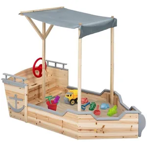 Comparateur de prix : ID MARKET Bac à sable world bois bateau de pirate avec banc coffre et toit gris