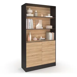 Etagère bibliothèque 3 niveaux XXL 1 placard noir et effet bois 190 cm