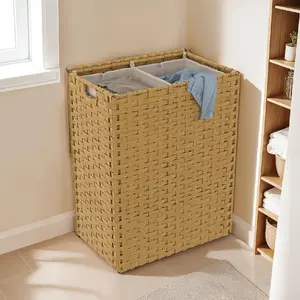 Comparateur de prix : Panier à linge 2 bacs effet rotin ALVIN tissu écru