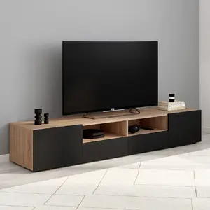 Meuble TV 180 cm ELI bois façon hêtre portes noires pas cher