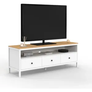 IDMarket Meuble Tv 140 Cm Achille 3 Tiroirs Blanc Et Plateau Bois pas cher