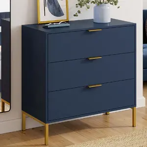 Commode 3 tiroirs blenia 80 cm bleu nuit et finitions dorées