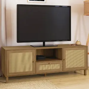 IDMarket Meuble Tv 140 Cm Vintage Hanae 3 Portes Effet Naturel Cannage pas cher