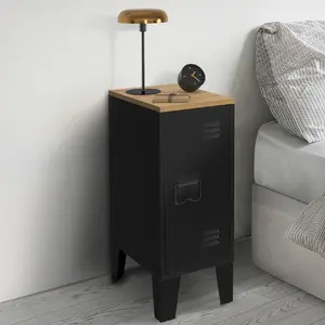 ID MARKET Lot de 2 tables de chevet ester 1 porte métal noir plateau façon hêtre design industriel pas cher