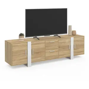 Meuble TV 180 cm PHOENIX 4 portes + 2 tiroirs bois et blanc
