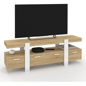 Meuble tv 140 cm phoenix avec tiroirs bois et blanc pas cher