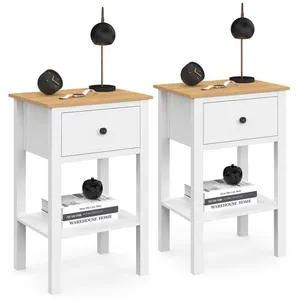 Lot de 2 tables de chevet 1 tiroir et 1 tablette blanc et plateau bois pas cher