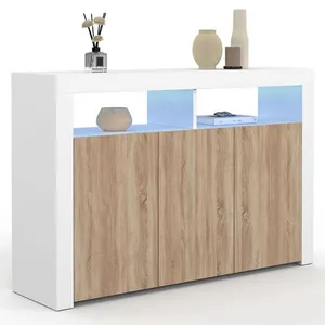 IDMARKET Buffet blanc et bois 3 portes avec LED pas cher