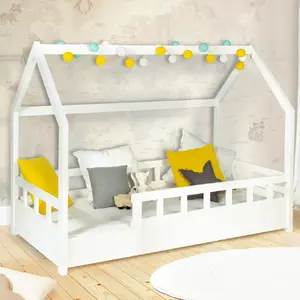 Comparateur de prix : IDMARKET Lit cabane enfant 80 x 160 cm neree blanc avec sommier et barrières