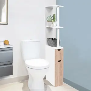 Probache - Meuble WC étagère Bois Willy 2 Portes Blanc et hêtre