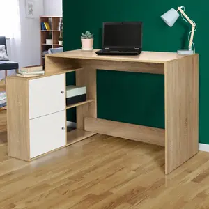 Comparateur de prix : IDMARKET Bureau d'angle en forme de l bob avec portes façon hêtre et blanc