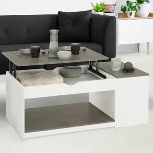 Comparateur de prix : IDMARKET Table de salon avec plateau relevable effet béton et bois blanc