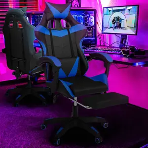 IDMARKET Fauteuil gamer réglable et inclinable avec repose-pied et coussins noir et bleu pas cher