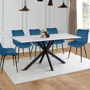 Comparateur de prix : IDMARKET Table à manger rectangle ALASKA 8 personnes effet marbre blanc et pied araignée métal 160 cm