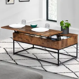 Comparateur de prix : IDMARKET Table basse plateau relevable effet bois vieilli et pieds métal